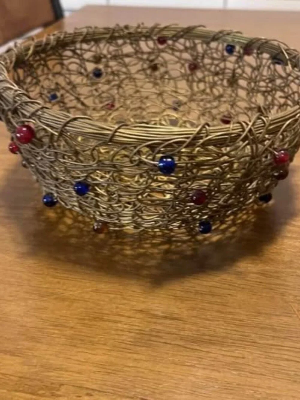 Vintage Brass Spaghetti Wire Basket Bowl Beaded (Red blue brown) Woven Metal MCM